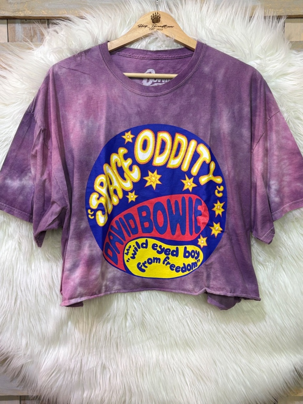 NWOT [David Bowie · Space Oddity] Cotton Purple Tie Dye Cropped Crew Tee Shirt